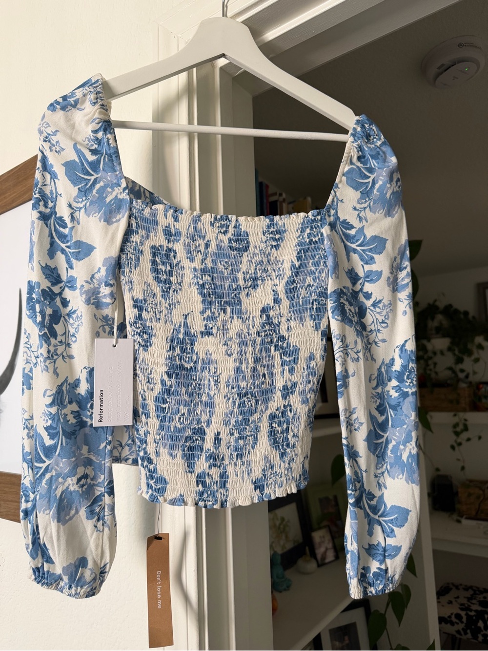Reformation Blue & White Smocked Floral Square-Neck Top